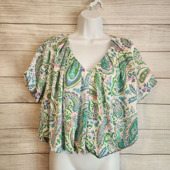 Entro S Green Paisley v-neck puff sleeve crop cottagecore Y2K Fairy Boho top - Picture 1 of 9